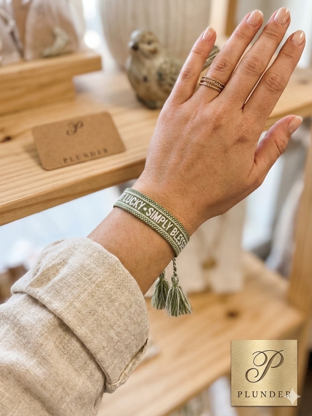 NWT Plunder Design Olive Green Woven Not Lucky Simply Blessed Tassel Bracelet